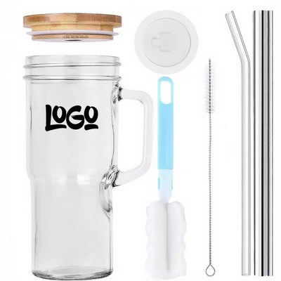 Bamboo Lid Mason Jar Glass Cup w/ Straw & Brush Set